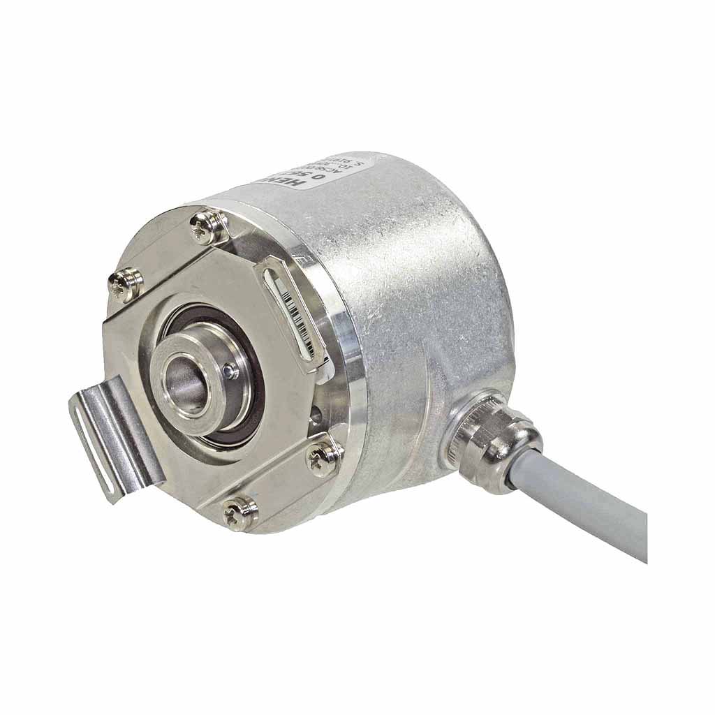 Hengstler AC58 absolute encoder hub shaft design with front clamping front and spring tether with radial cable