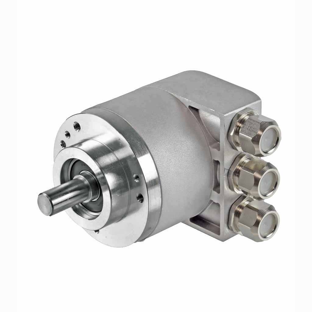 Hengstler AC58 absolute encoder solid shaft design with clamping flange with three sealed cable exits